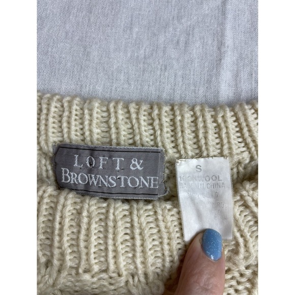 Loft & Brownstone Beige Womens Size S Wool Cable Knit Fisherman Pullover Sweater - Picture 2 of 7